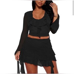 NWOT Amazon Moeencn Two Piece Black Ruffled Crop Top and Mini Skirt Set - Size S